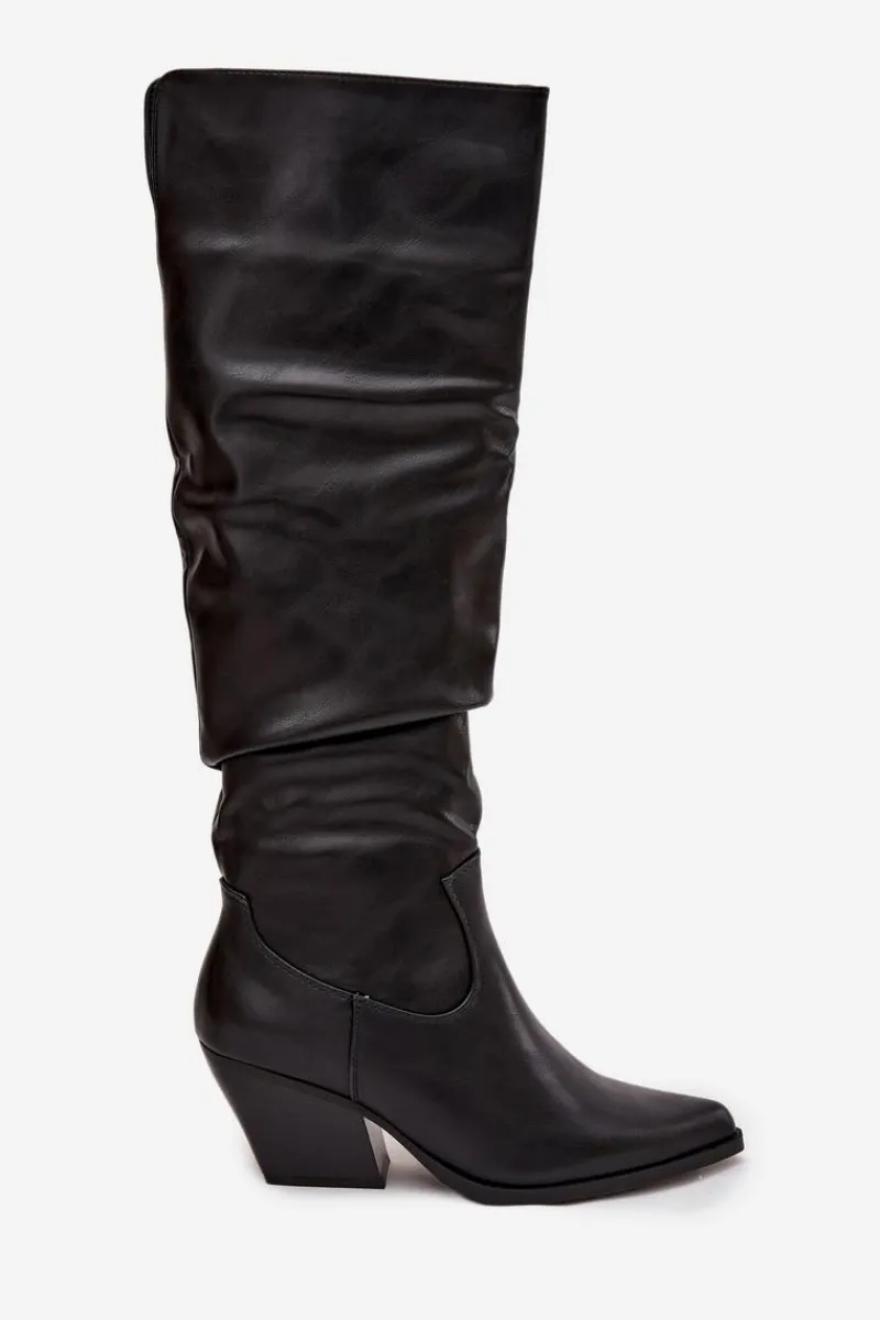 Outlet Kozaki Kowbojki Na Obcasie Z Marszczeniem Ocieplane Czarne Rosvian Damskie Kozaki Ocieplane|Kozaki Na Słupku