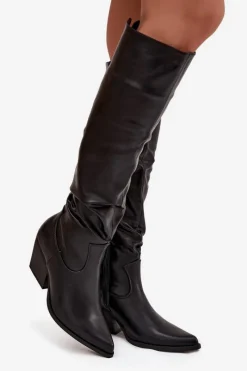 Outlet Kozaki Kowbojki Na Obcasie Z Marszczeniem Ocieplane Czarne Rosvian Damskie Kozaki Ocieplane|Kozaki Na Słupku