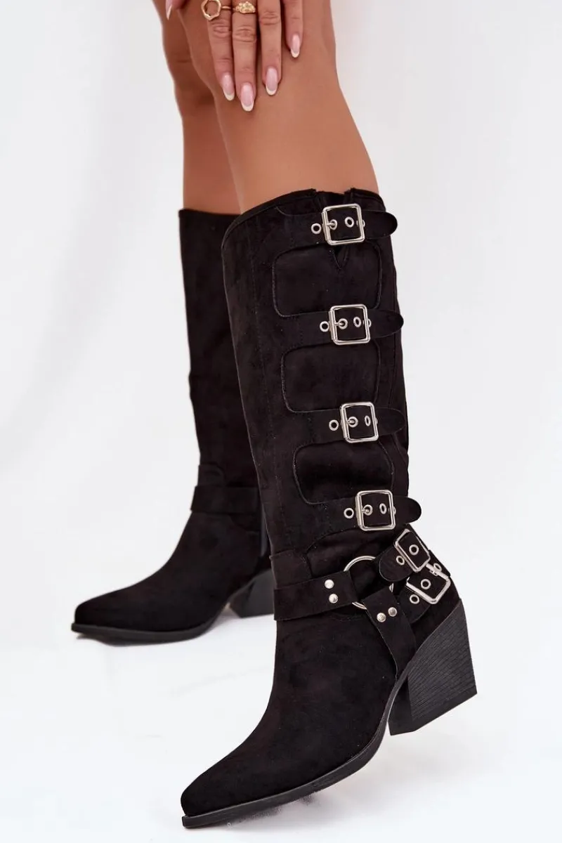 Hot Boto Kozaki Kowbojki Na Słupku Z Klamrami Czarne Fivelle Czarny