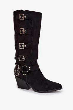 Hot Boto Kozaki Kowbojki Na Słupku Z Klamrami Czarne Fivelle Czarny