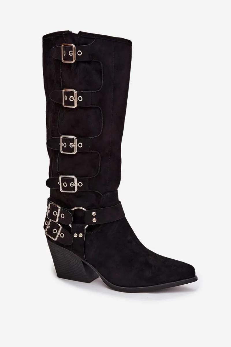 Hot Boto Kozaki Kowbojki Na Słupku Z Klamrami Czarne Fivelle Czarny