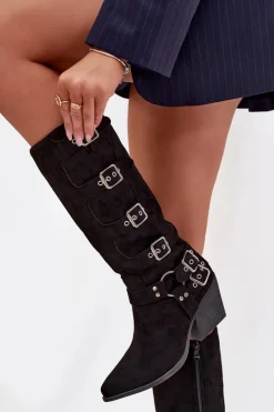 Hot Boto Kozaki Kowbojki Na Słupku Z Klamrami Czarne Fivelle Czarny