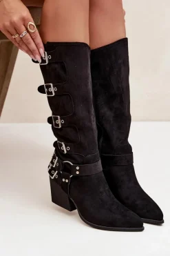 Hot Boto Kozaki Kowbojki Na Słupku Z Klamrami Czarne Fivelle Czarny