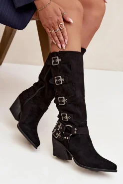 Hot Boto Kozaki Kowbojki Na Słupku Z Klamrami Czarne Fivelle Czarny