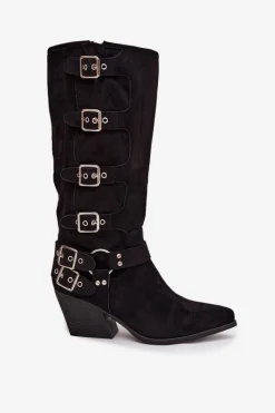 Hot Boto Kozaki Kowbojki Na Słupku Z Klamrami Czarne Fivelle Czarny