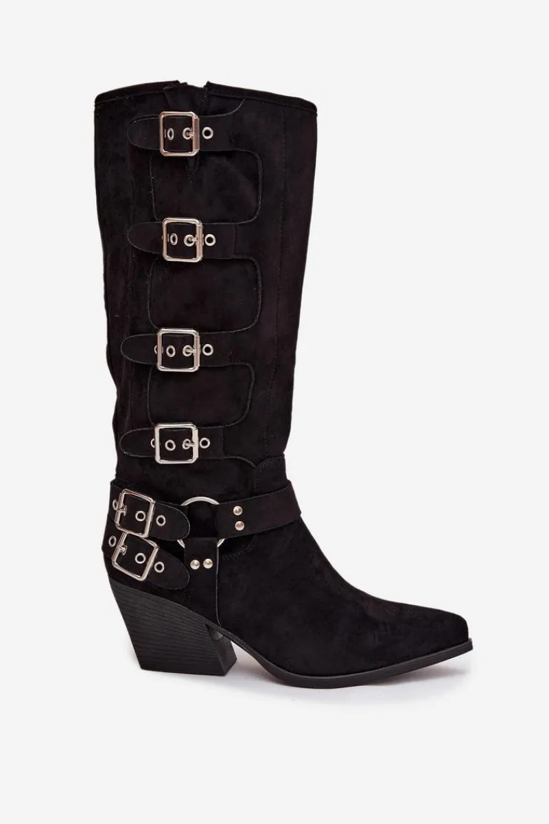 Hot Boto Kozaki Kowbojki Na Słupku Z Klamrami Czarne Fivelle Czarny