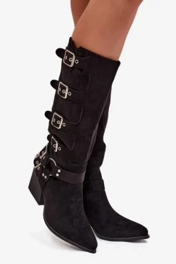 Hot Boto Kozaki Kowbojki Na Słupku Z Klamrami Czarne Fivelle Czarny
