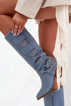 Kozaki Na Słupku|Kozaki Przed Kolano>Boto Kozaki Kowbojki Na Słupku Z Klamrami Jeansowe Fivelle Niebieski