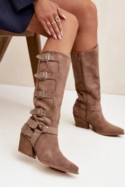 Best Kozaki Kowbojki Na Słupku Z Klamrami Ciemnobeżowe Fivelle Damskie Kozaki Na Słupku|Kozaki Przed Kolano