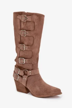 Best Kozaki Kowbojki Na Słupku Z Klamrami Ciemnobeżowe Fivelle Damskie Kozaki Na Słupku|Kozaki Przed Kolano