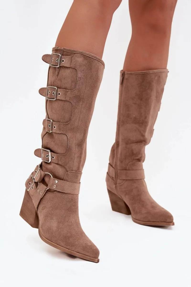 Best Kozaki Kowbojki Na Słupku Z Klamrami Ciemnobeżowe Fivelle Damskie Kozaki Na Słupku|Kozaki Przed Kolano