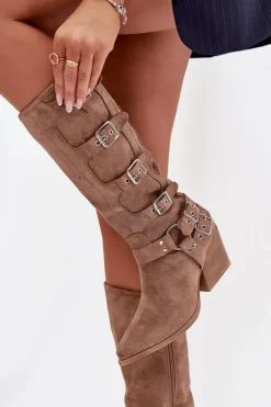 Best Kozaki Kowbojki Na Słupku Z Klamrami Ciemnobeżowe Fivelle Damskie Kozaki Na Słupku|Kozaki Przed Kolano