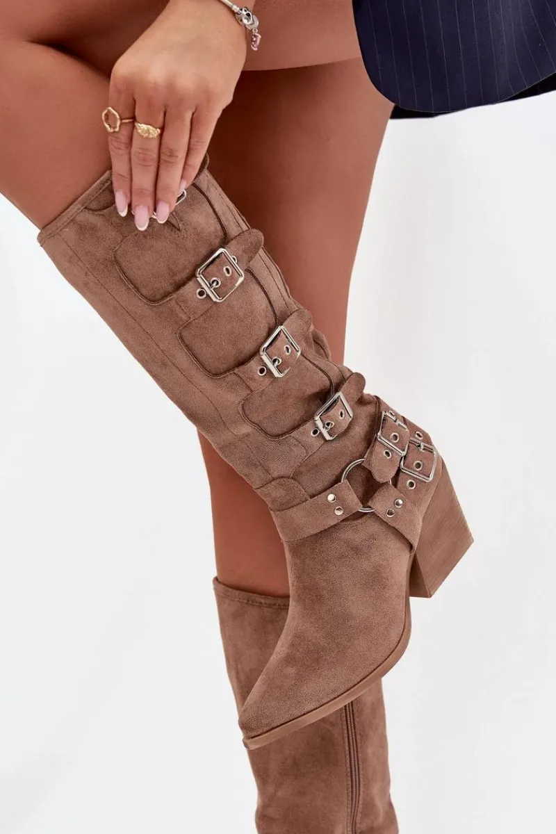 Best Kozaki Kowbojki Na Słupku Z Klamrami Ciemnobeżowe Fivelle Damskie Kozaki Na Słupku|Kozaki Przed Kolano