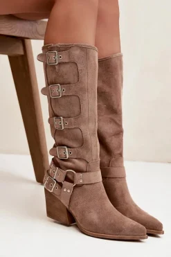 Best Kozaki Kowbojki Na Słupku Z Klamrami Ciemnobeżowe Fivelle Damskie Kozaki Na Słupku|Kozaki Przed Kolano