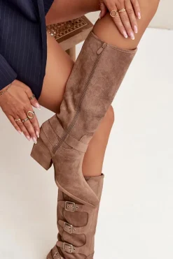 Best Kozaki Kowbojki Na Słupku Z Klamrami Ciemnobeżowe Fivelle Damskie Kozaki Na Słupku|Kozaki Przed Kolano