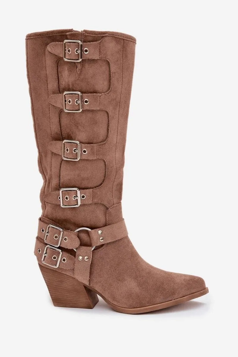 Best Kozaki Kowbojki Na Słupku Z Klamrami Ciemnobeżowe Fivelle Damskie Kozaki Na Słupku|Kozaki Przed Kolano