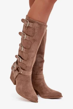 Best Kozaki Kowbojki Na Słupku Z Klamrami Ciemnobeżowe Fivelle Damskie Kozaki Na Słupku|Kozaki Przed Kolano