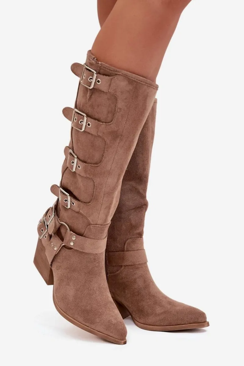 Best Kozaki Kowbojki Na Słupku Z Klamrami Ciemnobeżowe Fivelle Damskie Kozaki Na Słupku|Kozaki Przed Kolano