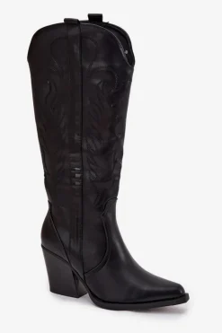 Hot Boto Kozaki Kowbojki Na Słupku Eko Skórzane Ocieplane Czarne Zareen