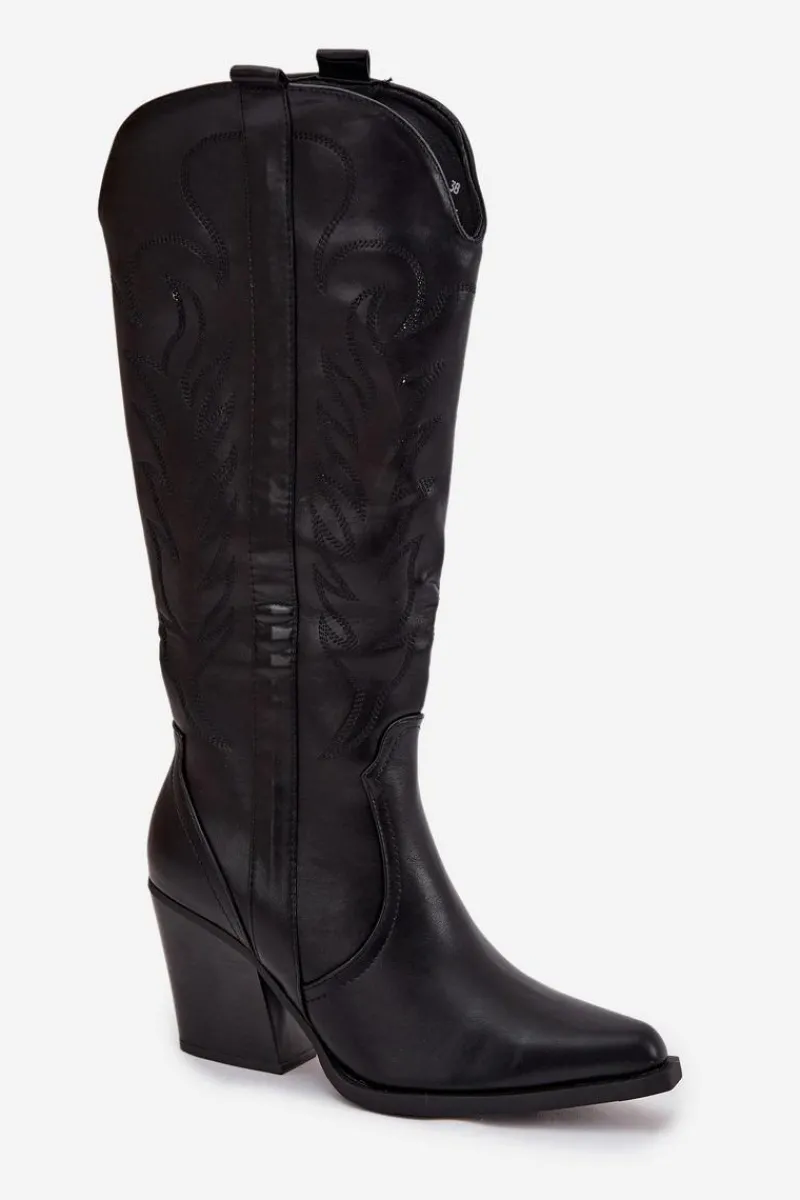 Hot Boto Kozaki Kowbojki Na Słupku Eko Skórzane Ocieplane Czarne Zareen