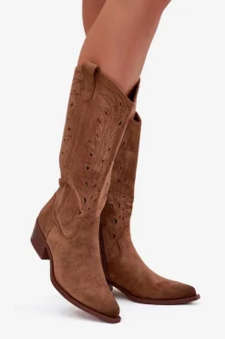 Hot Boto Kozaki Kowbojki Z Ażurowym Wzorem Na Niskim Obcasie Khaki Selirae