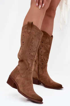 Hot Boto Kozaki Kowbojki Z Ażurowym Wzorem Na Niskim Obcasie Khaki Selirae