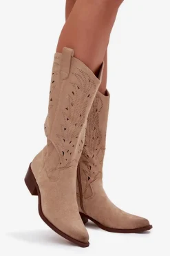Discount Kozaki Kowbojki Z Ażurowym Wzorem Na Niskim Obcasie Beżowe Selirae Damskie Kozaki Ocieplane|Kozaki Ażurowe