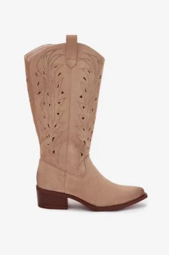 Discount Kozaki Kowbojki Z Ażurowym Wzorem Na Niskim Obcasie Beżowe Selirae Damskie Kozaki Ocieplane|Kozaki Ażurowe