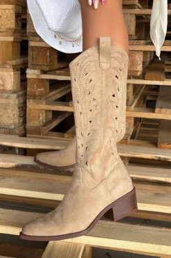 Discount Kozaki Kowbojki Z Ażurowym Wzorem Na Niskim Obcasie Beżowe Selirae Damskie Kozaki Ocieplane|Kozaki Ażurowe