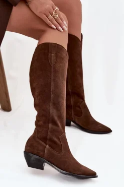 Discount Kozaki Kowbojki Z Naturalnego Zamszu Ocieplane 4225 Brązowe Damskie Kozaki Ocieplane|Kozaki Wiosenne