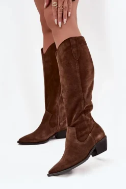 Discount Kozaki Kowbojki Z Naturalnego Zamszu Ocieplane 4225 Brązowe Damskie Kozaki Ocieplane|Kozaki Wiosenne