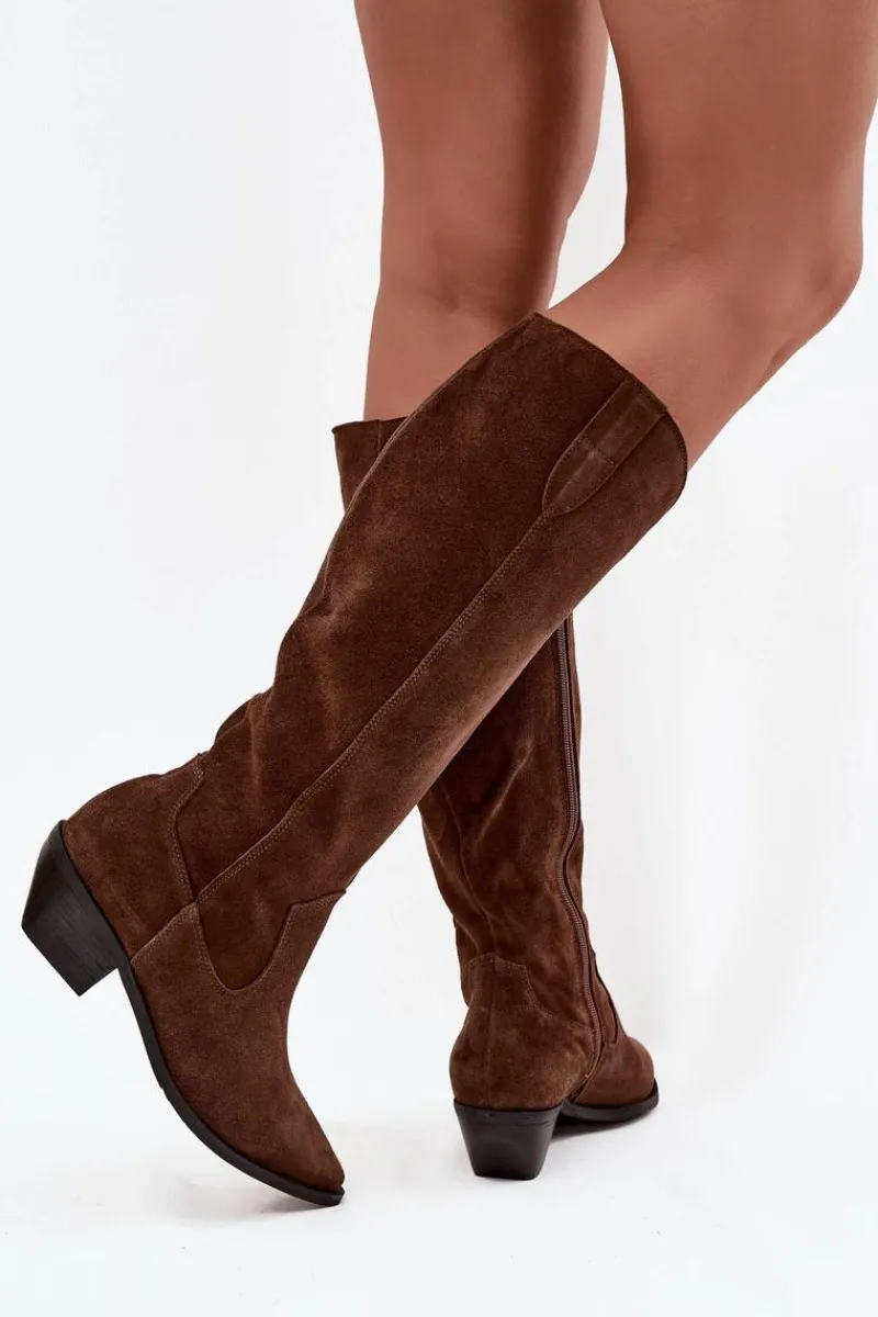 Discount Kozaki Kowbojki Z Naturalnego Zamszu Ocieplane 4225 Brązowe Damskie Kozaki Ocieplane|Kozaki Wiosenne