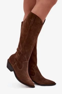 Discount Kozaki Kowbojki Z Naturalnego Zamszu Ocieplane 4225 Brązowe Damskie Kozaki Ocieplane|Kozaki Wiosenne