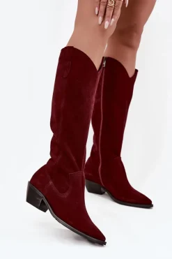 Clearance Zazoo Kozaki Kowbojki Z Naturalnego Zamszu Ocieplane 4225 Bordowe Czerwony