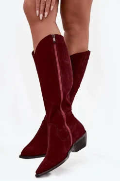 Clearance Zazoo Kozaki Kowbojki Z Naturalnego Zamszu Ocieplane 4225 Bordowe Czerwony