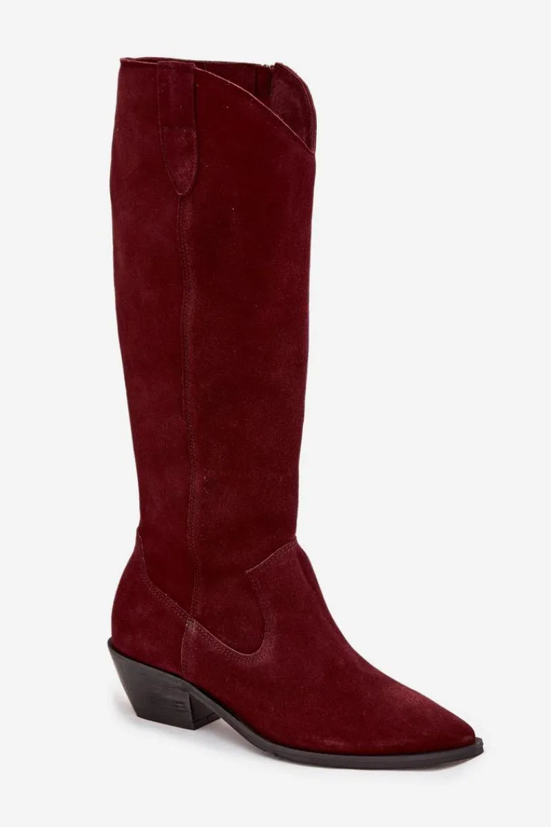 Clearance Zazoo Kozaki Kowbojki Z Naturalnego Zamszu Ocieplane 4225 Bordowe Czerwony