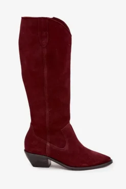 Clearance Zazoo Kozaki Kowbojki Z Naturalnego Zamszu Ocieplane 4225 Bordowe Czerwony