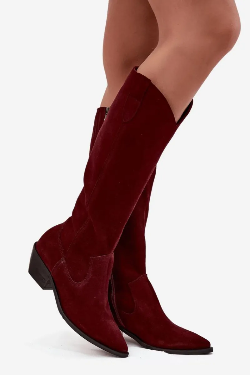 Clearance Zazoo Kozaki Kowbojki Z Naturalnego Zamszu Ocieplane 4225 Bordowe Czerwony