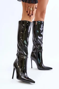 Outlet Kozaki Lakierowane Ocieplane Na Szpilce Z Klamrą Czarne Tameliae Damskie Kozaki Ocieplane|Kozaki Na Szpilce