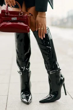 Outlet Kozaki Lakierowane Ocieplane Na Szpilce Z Klamrą Czarne Tameliae Damskie Kozaki Ocieplane|Kozaki Na Szpilce