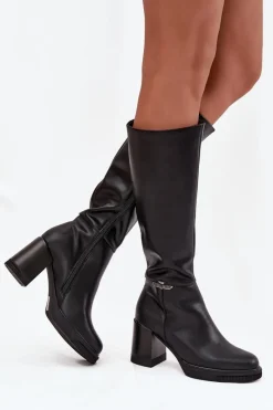 Buty damskie Vinceza Kozaki Muszkieterki Damskie Z Naturalnej Skóry Na Słupku Ocieplane Vinceza 66826 Czarne