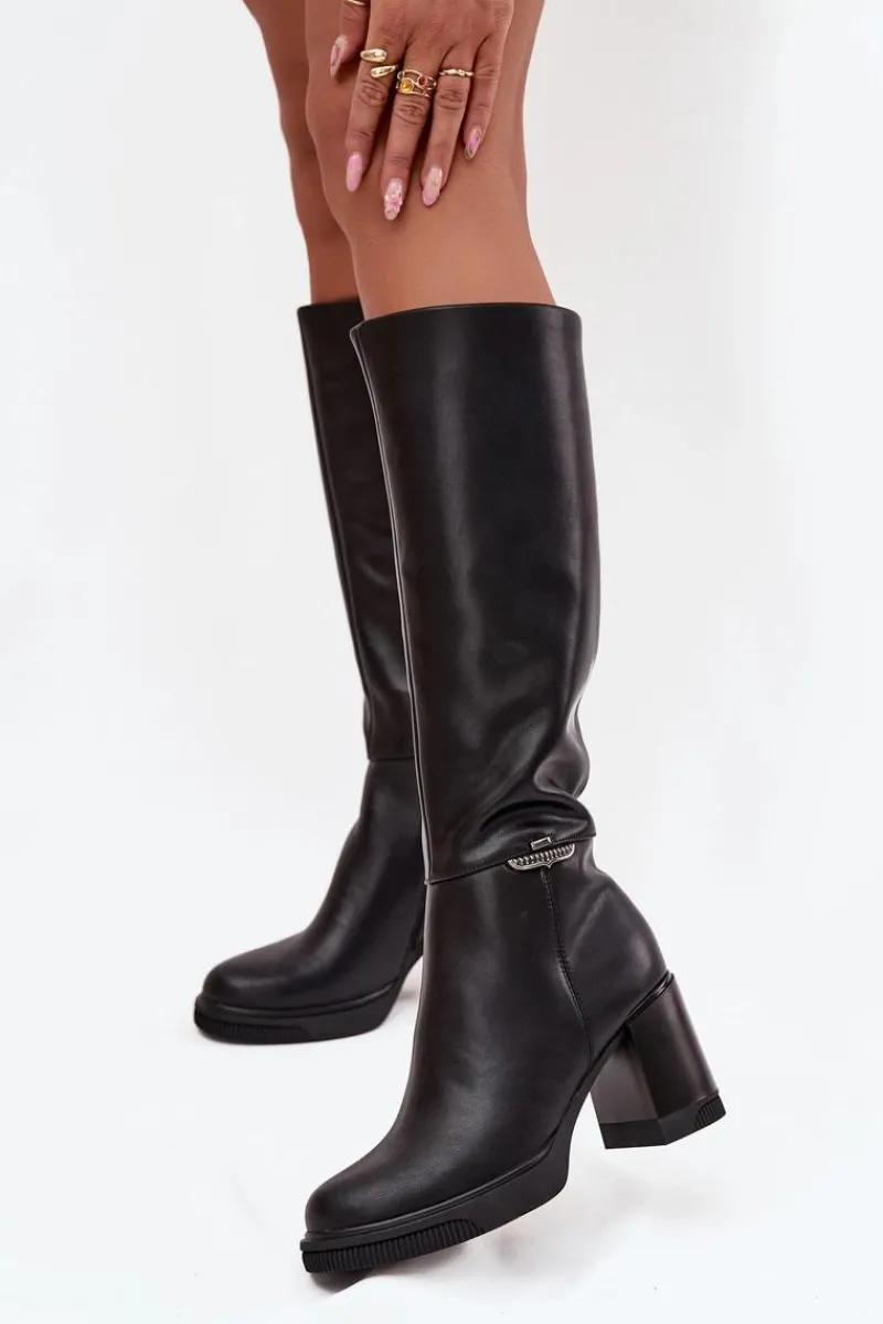 Buty damskie Vinceza Kozaki Muszkieterki Damskie Z Naturalnej Skóry Na Słupku Ocieplane Vinceza 66826 Czarne