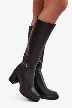 Buty damskie Vinceza Kozaki Muszkieterki Damskie Z Naturalnej Skóry Na Słupku Ocieplane Vinceza 66826 Czarne