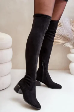 Discount Boto Kozaki Na Obcasie Klocku Za Kolano Z Eko Zamszu Czarne Galadi