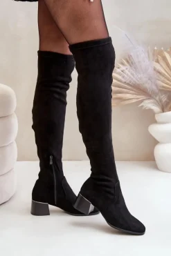 Discount Boto Kozaki Na Obcasie Klocku Za Kolano Z Eko Zamszu Czarne Galadi