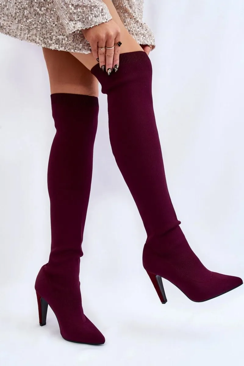 Muszkieterki|Kozaki Wiosenne>Boto Kozaki Na Obcasie Ze Skarpetą Bordowe Renoli