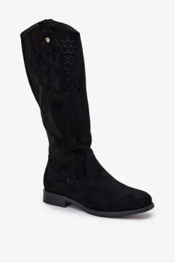 New Kozaki Na Płaskim Obcasie Z Ażurowym Wzorem S.Barski HY51-062 Czarne Damskie Kozaki Wiosenne|Kozaki Ażurowe