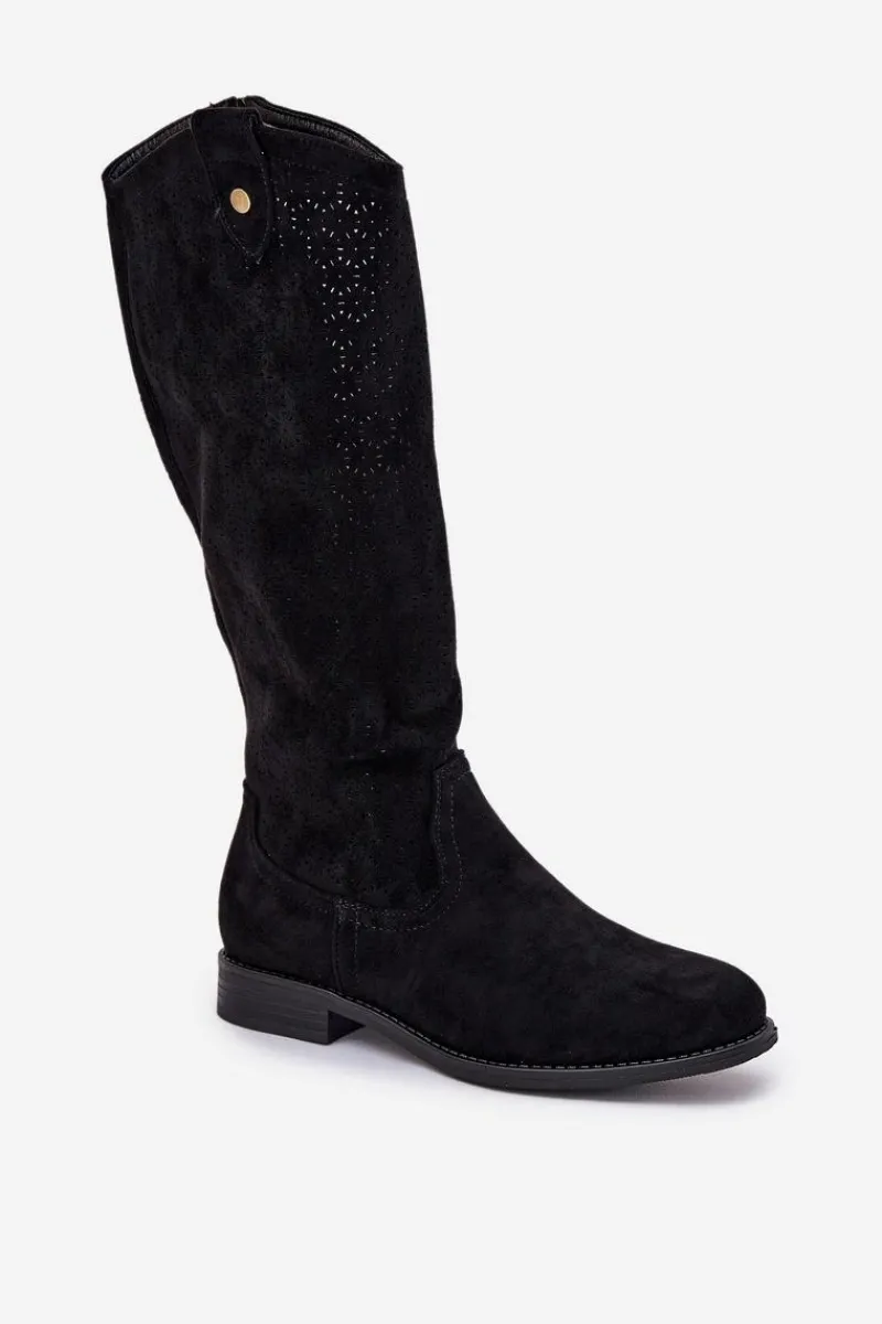 New Kozaki Na Płaskim Obcasie Z Ażurowym Wzorem S.Barski HY51-062 Czarne Damskie Kozaki Wiosenne|Kozaki Ażurowe