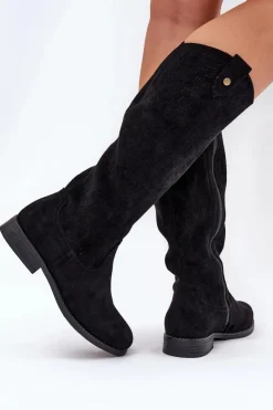 New Kozaki Na Płaskim Obcasie Z Ażurowym Wzorem S.Barski HY51-062 Czarne Damskie Kozaki Wiosenne|Kozaki Ażurowe