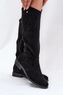 New Kozaki Na Płaskim Obcasie Z Ażurowym Wzorem S.Barski HY51-062 Czarne Damskie Kozaki Wiosenne|Kozaki Ażurowe